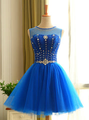 Blue Tulle Knee Length Backless Beading Homecoming Dress