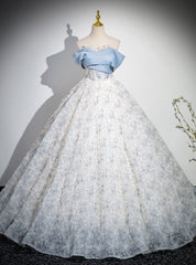 Blue Tulle Lace Flower Quinceanera Dress