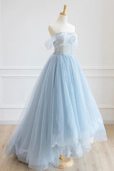 Blue Tulle Lace Long Prom Dress, High Low A-Line Evening Party Dress