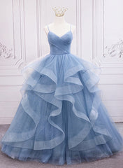 Flowy Prom Dress, Blue Tulle Layers Long Party Dress Prom Dress, Sweet 16 Dresses