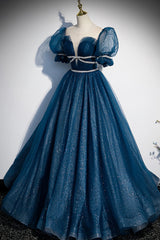 Prom Dresses Blues, Blue Tulle Long A-Line Prom Dress, A-Line Short Sleeve Evening Dress