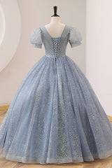 Party Dresses Short Tight, Blue Tulle Long A-Line Prom Dress, V-Neck Short Sleeve Evening Dress