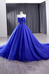 Blue Tulle Long Prom Dress, Off the Shoulder Formal Evening Party Dress