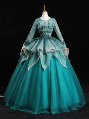 Blue Tulle Long Sleeve Pleats Appliques Beading Quinceanera Dress