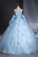 Blue Tulle Long Sleeves Formal Dress with Flowers, Blue A-Line Prom Party Dress