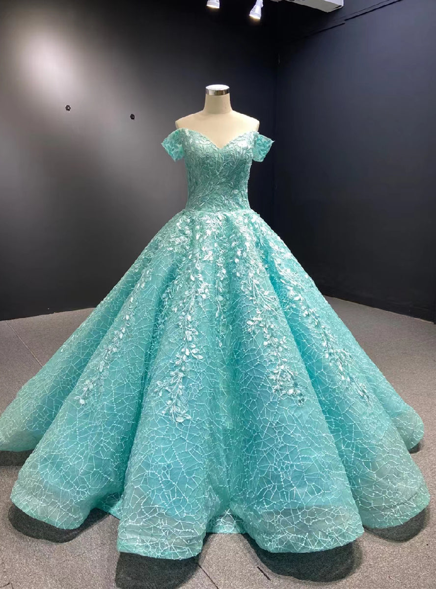 Blue Tulle Off the Shoulder Appliques Prom Dress