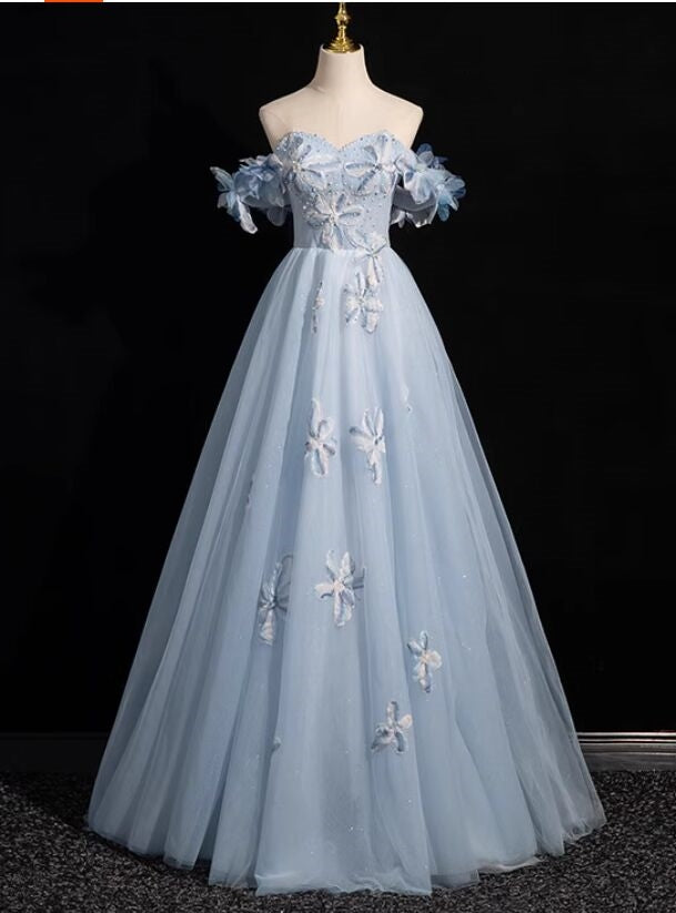 Blue Tulle Off the Shoulder Flower Pearls Prom Dress