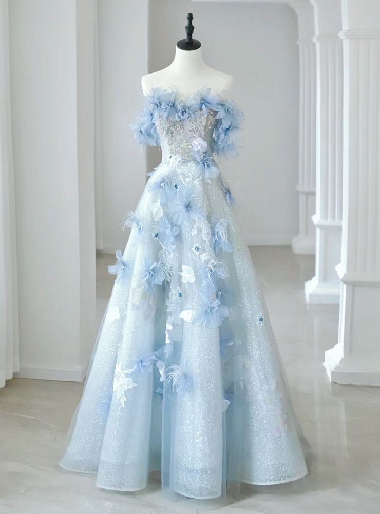 Blue Tulle Off the Shoulder Flower Prom Dress