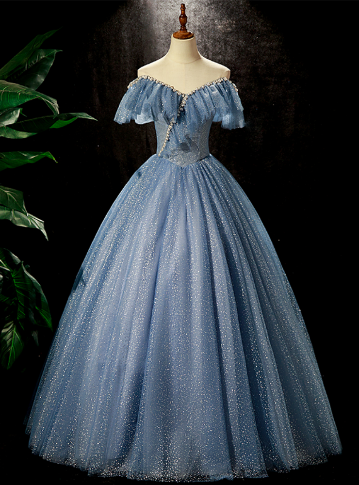 Blue Tulle Off the Shoulder Pearls Quinceanera Dress