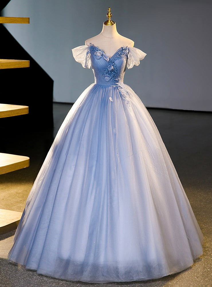 Blue Tulle Off the Shoulder Pleats Appliques Quinceanera Dress