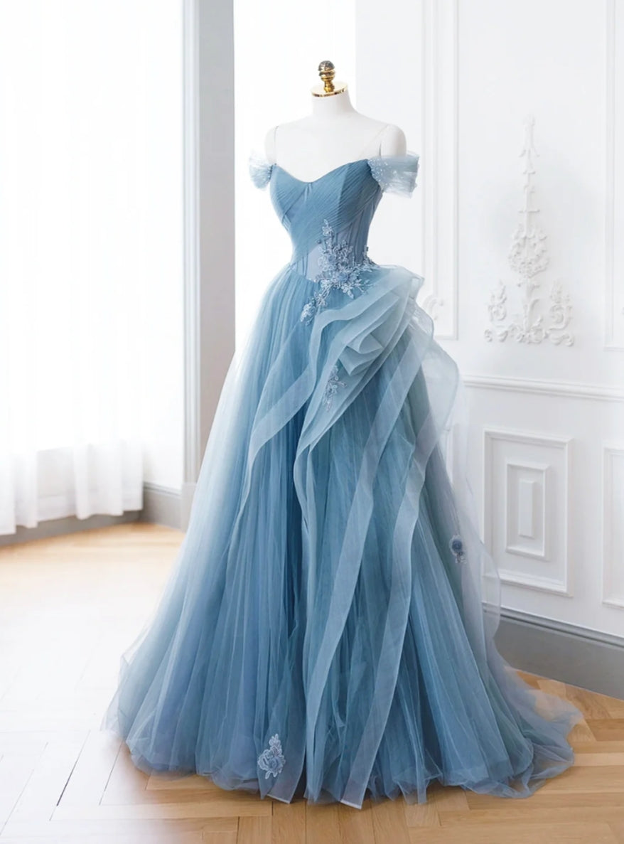 Blue Tulle Off the Shoulder Tulle Appliques Prom Dress