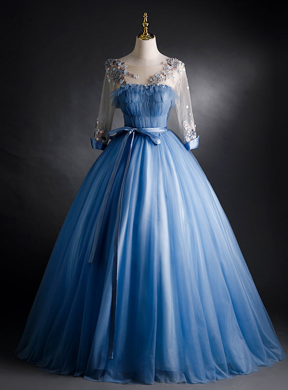 Blue Tulle Pleats Appliques Long Sleeve Quinceanera Dress