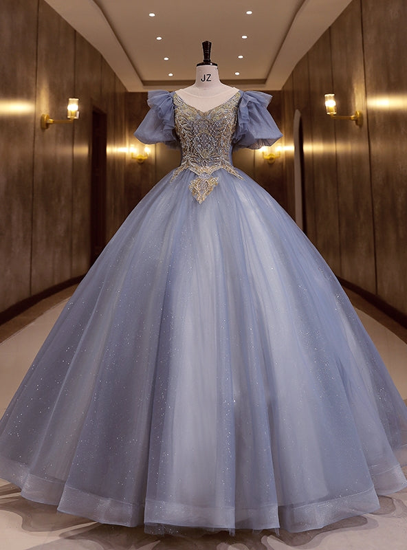 Blue Tulle Puff Sleeve Beading Pearls Quinceanera Dress