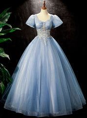 Blue Tulle Sequins Beading Puff Sleeve Quinceanera Dress