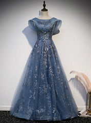 Blue Tulle Sequins Cap Sleeve Scoop Prom Dress