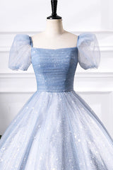 Blue Tulle Sequins Floor Length Prom Dress, Elegant Short Sleeve Evening Party Dress