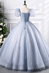 Blue Tulle Sequins Floor Length Prom Dress, Elegant Short Sleeve Evening Party Dress