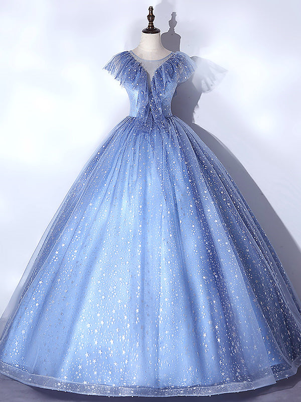 Blue Tulle Sequins Illusion V-neck Quinceanera Dress