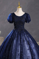 Blue Tulle Sequins Long Formal Dress, A-Line Short Sleeve Evening Party Dress