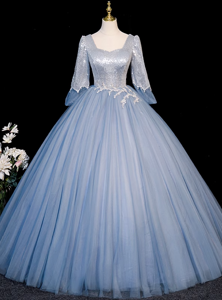 Blue Tulle Sequins Long Sleeve Quinceanera Dress