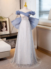 Blue Tulle Sequins Off the Shoulder Bow Prom Dresses