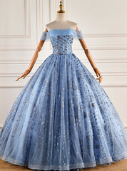 Blue Tulle Sequins Off the Shoulder Pearls Quinceanera Dress