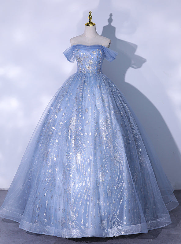 Blue Tulle Sequins Off the Shoulder Quinceanera Dress