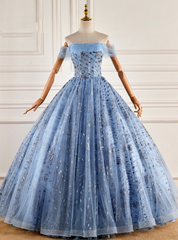 Blue Tulle Sequins Pearls Quinceanera Dress