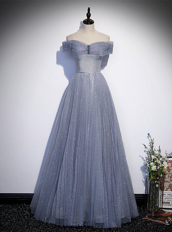 Blue Tulle Sequins Pleats Beading Prom Dress