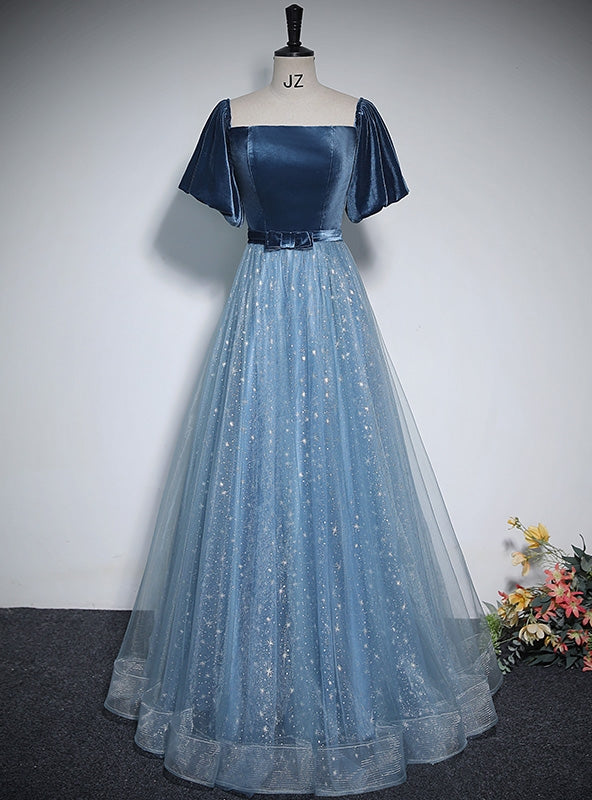 Blue Tulle Sequins Short Sleeve Velvet Prom Dress