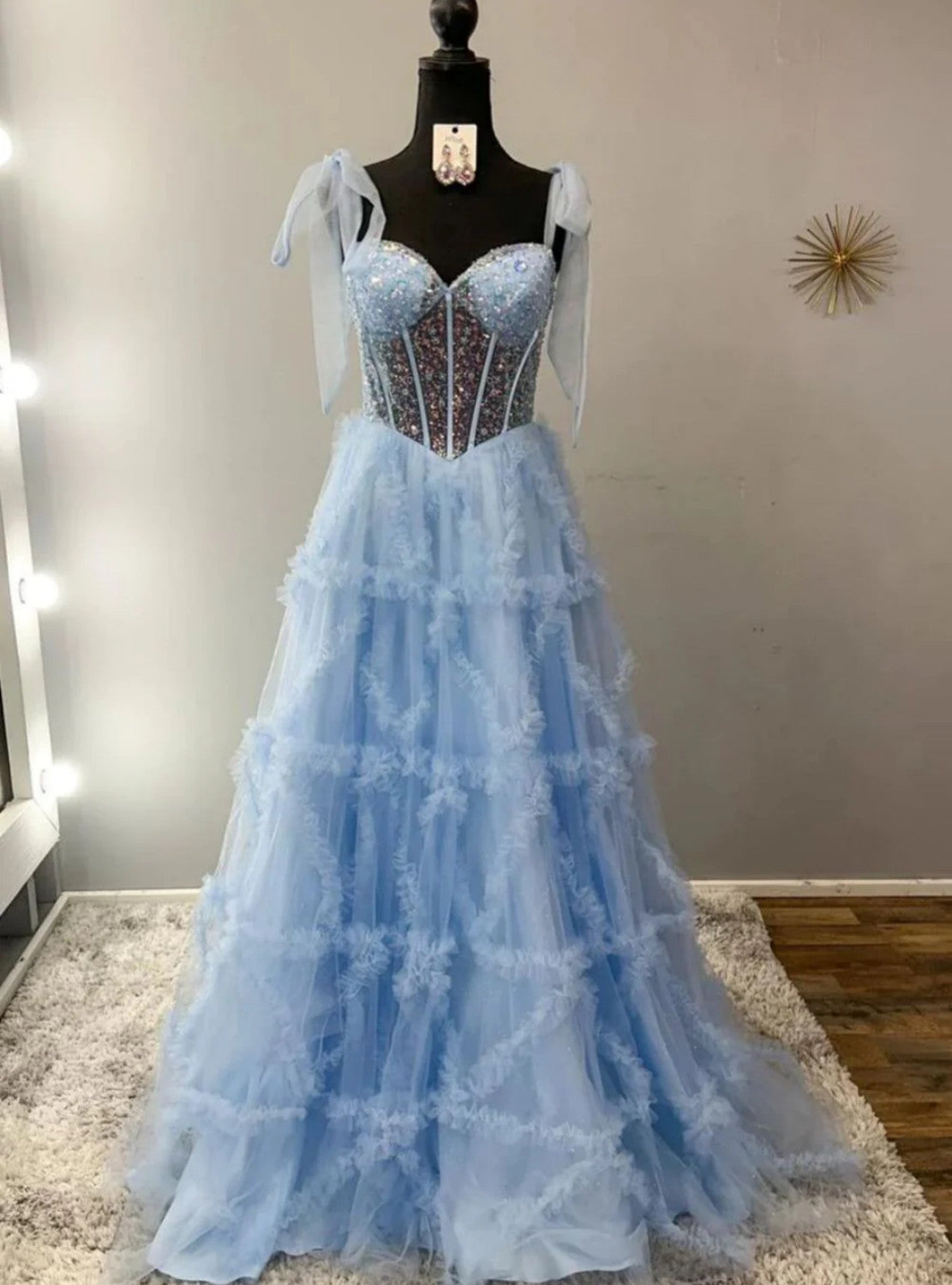 Blue Tulle Sequins Straples Prom Dress