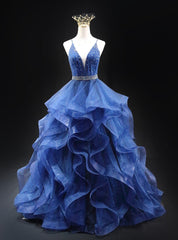 Blue Tulle Spaghetti Straps Beaded Prom Dress