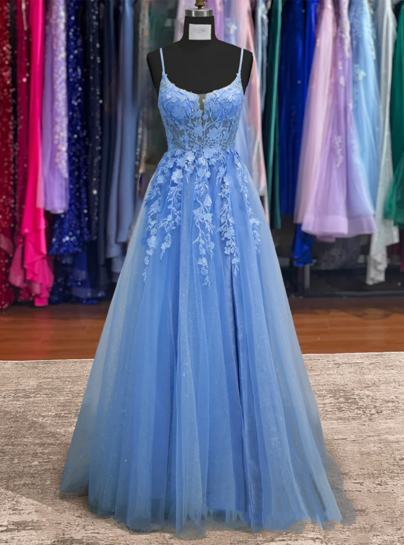 Blue Tulle Spaghetti Straps Prom Dress