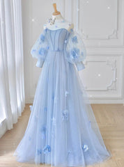 Blue Tulle Strapless Long Sleeve Flower Prom Dress