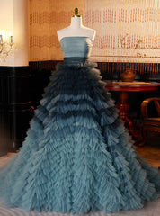 Blue Tulle Tiers Strapless Pleats Quinceanera Dress