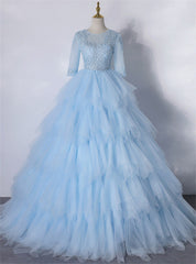 Blue Tulle Tulle Short Sleeve Appliques Quinceanera Dress