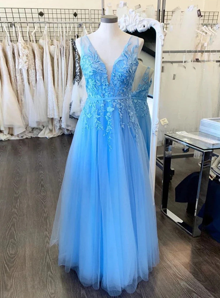 Blue Tulle V-neck Backless Appliques Prom Dress