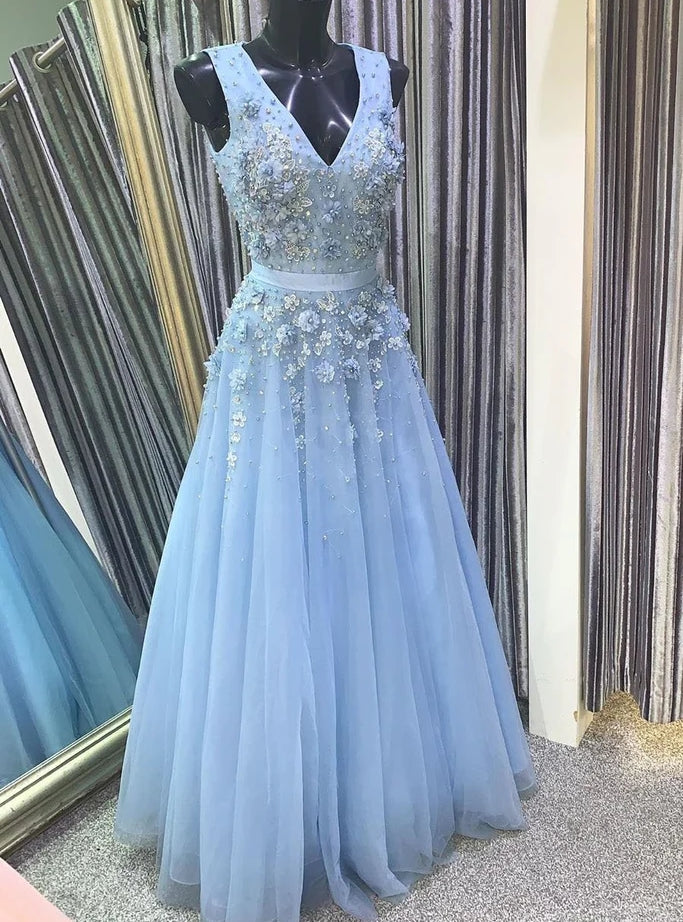 Blue Tulle V-neck Flower Beading Prom Dress