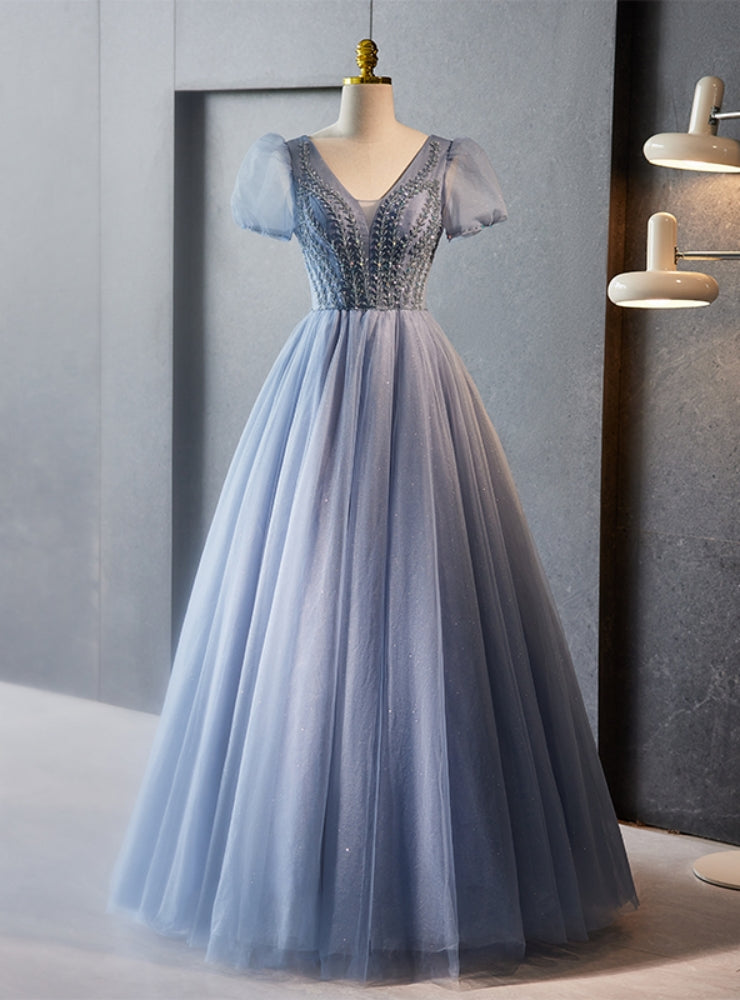 Blue Tulle V-neck Puff Sleeve Beading Prom Dress