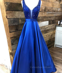 Party Fitness, Blue v neck beads satin long prom dress, blue evening dress