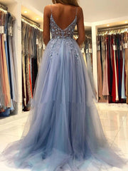 Blue V Neck Open Back Beaded Long Prom Dress High Slit Party Dress prom dresses shops