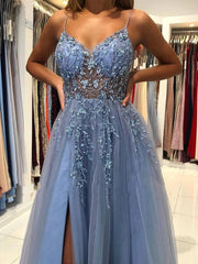 Blue V Neck Open Back Beaded Long Prom Dress High Slit Party Dress prom dresses shops