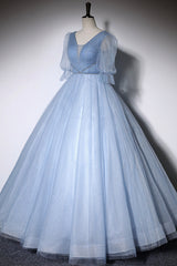 Bridesmaid Dress For Girls, Blue V-Neck Tulle Long Prom Dress, A-Line Formal Evening Dress