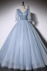 Bridesmaids Dresses Chiffon, Blue V-Neck Tulle Long Prom Dress, A-Line Formal Evening Dress