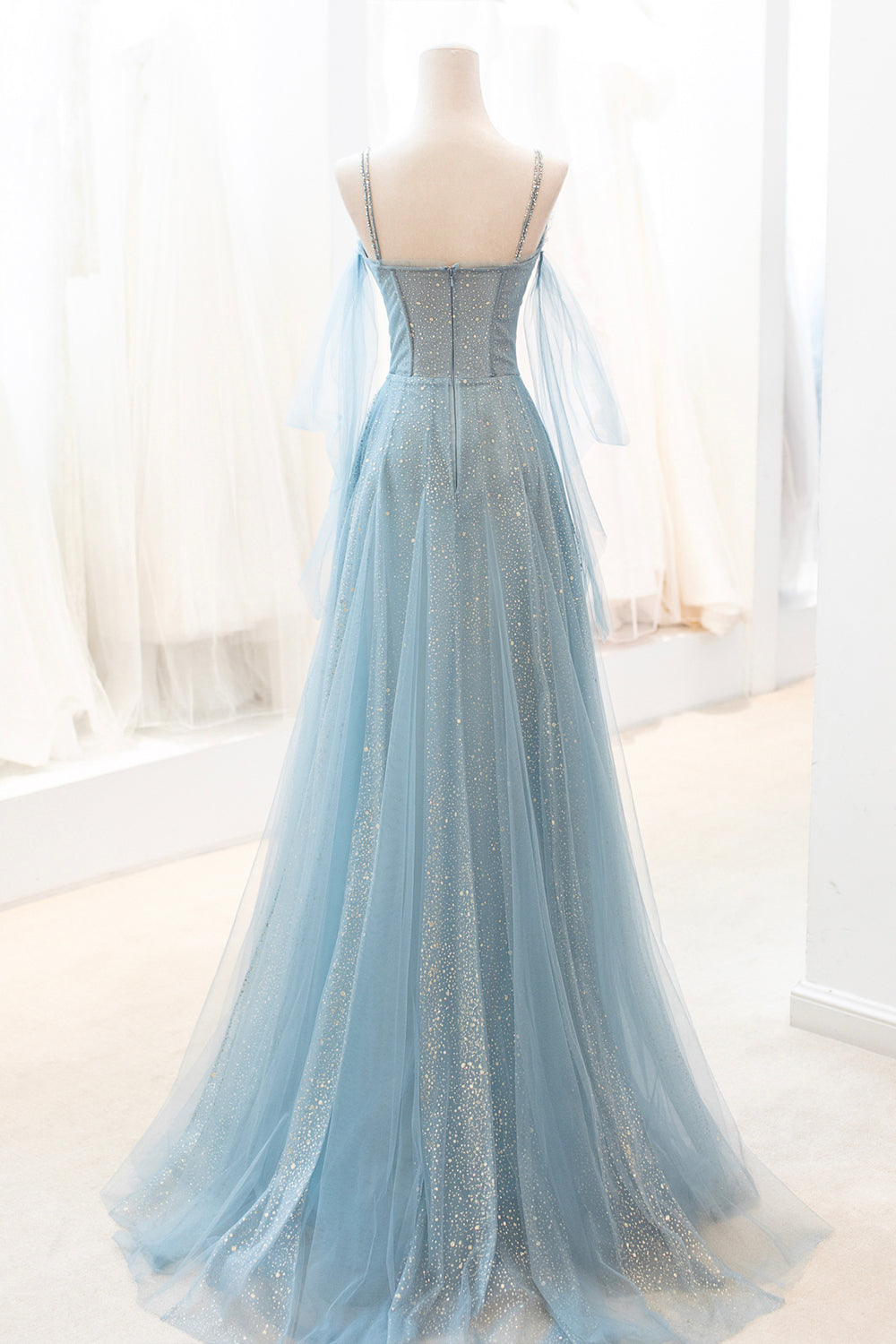 Beach Wedding, Blue V-Neck Tulle Long Prom Dress, A-Line Spaghetti Strap Evening Dress