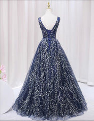 Blue V-neckline Lace Tulle Floor Length Party Dress, Blue Prom Dress Formal Dress