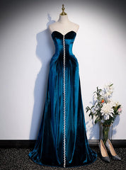 Blue Velvet Strapless Beading Prom Dress