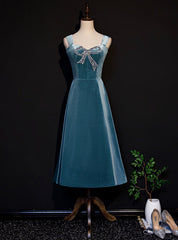 Blue Velvet Straps Beading Tea Length Prom Dress