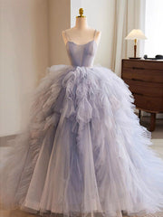 Mafia Dress, Blue Tulle Long Prom Gown, Blue Tulle Long Sweet 16 Dress