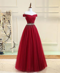 Bridesmaides Dresses Fall, Burgundy Tulle Off Shoulder Long Prom Dress, Burgundy Evening Dress